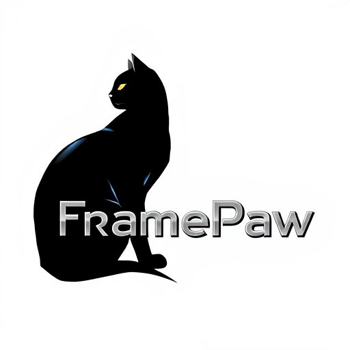 Professional logo design. Pictorial logo for a YouTube channel named "FramePaw": A sleek, monocolor, simple(not cartoon), futuristic black cat, depicted in silhouette, is positioned on the left, gazing towards the left. The channel name "FramePaw" is elegantly rendered to the right of the cat. Black, gray, and metallic silver, Futurist and Art Deco, sharp geometric lines with subtle curves, clean and striking, white background