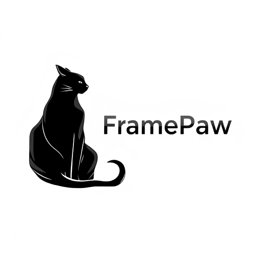 Professional logo design. Pictorial logo for a YouTube channel named "FramePaw": A sleek, monocolor, simple(not cartoon), futuristic black cat, depicted in silhouette, is positioned on the left, gazing towards the right. The channel name "FramePaw" is elegantly rendered to the right of the cat. Black, gray, and metallic silver, Futurist and Art Deco, sharp geometric lines with subtle curves, clean and striking, white background