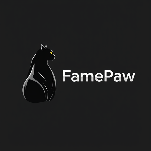 Professional logo design. Pictorial logo for a YouTube channel named "FramePaw": A sleek, monocolor, simple(not cartoon), futuristic black cat, depicted in silhouette, is positioned on the left, gazing towards the right. The channel name "FramePaw" is elegantly rendered to the right of the cat. Black, white, and metallic silver, Futurist and Art Deco, sharp geometric lines with subtle curves, clean and striking, solid background in a deep, dark gray.