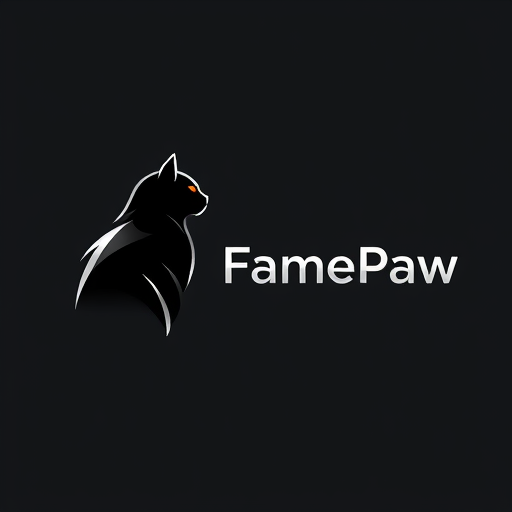 Professional logo design. Pictorial logo for a YouTube channel named "FramePaw": A sleek, monocolor, simple(not cartoon), futuristic black cat, depicted in silhouette, is positioned on the left, gazing towards the right. The channel name "FramePaw" is elegantly rendered to the right of the cat. Black, white, and metallic silver, Futurist and Art Deco, sharp geometric lines with subtle curves, clean and striking, solid background in a deep, dark gray.