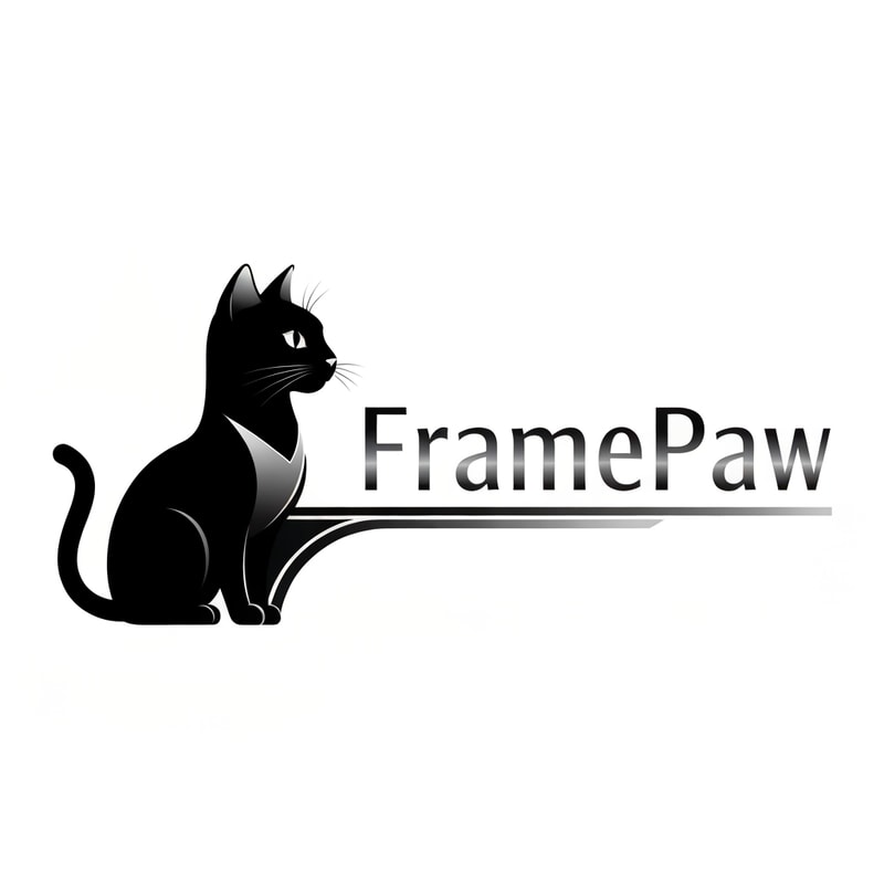 Professional logo design. Pictorial logo for a YouTube channel named "FramePaw": A sleek, monocolor, simple(not cartoon), futuristic black cat, depicted in silhouette, is positioned on the left, gazing towards the right. The channel name "FramePaw" is elegantly rendered to the right of the cat. Black, gray, and metallic silver, Futurist and Art Deco, sharp geometric lines with subtle curves, clean and striking, white background