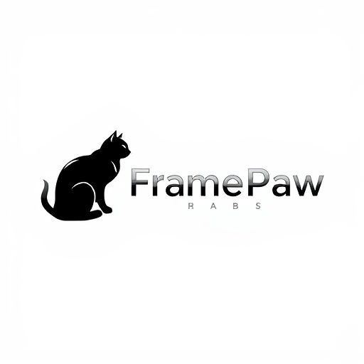 Professional logo design. Pictorial logo for a YouTube channel named "FramePaw": A sleek, monocolor, simple, futuristic black cat, depicted in silhouette, is positioned on the left, gazing towards the left. The channel name "FramePaw" is elegantly rendered to the right of the cat. Black, gray, and metallic silver, Futurist and Art Deco, sharp geometric lines with subtle curves, clean and striking, white background.