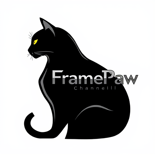 Professional logo design. Pictorial logo for a YouTube channel named "FramePaw": A sleek, monocolor, simple, futuristic black cat, depicted in silhouette, is positioned on the left, gazing towards the left. The channel name "FramePaw" is elegantly rendered to the right of the cat. Black, gray, and metallic silver, Futurist and Art Deco, sharp geometric lines with subtle curves, clean and striking, white background.