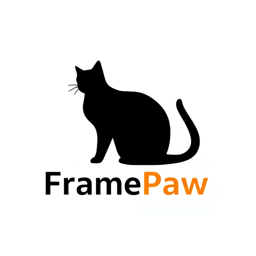 Professional logo design. Character logo for a pet photography service named "FramePaw": A black cat silhouette sitting elegantly, incorporated with subtle play and stop buttons. Black, white, and a warm accent color. Clean, modern sans-serif font. Inspired by vintage film reels and modern UI design, with a focus on a playful yet professional aesthetic. The cat's tail could subtly form a play button shape, and its body could suggest a stop button. Solid, simple shapes. White background.