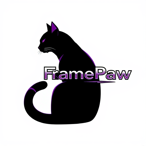 Professional logo design. Pictorial logo for a YouTube channel named "FramePaw": A sleek, monocolor, simple(not cartoon), futuristic black cat, depicted in silhouette, is positioned on the left, gazing towards the left. The channel name "FramePaw" is elegantly rendered to the right of the cat. Black, purple, and metallic silver, Futurist and Art Deco, sharp geometric lines with subtle curves, clean and striking, white background