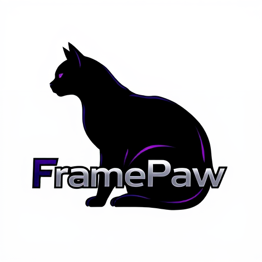 Professional logo design. Pictorial logo for a YouTube channel named "FramePaw": A sleek, monocolor, simple(not cartoon), futuristic black cat, depicted in silhouette, is positioned on the left, gazing towards the left. The channel name "FramePaw" is elegantly rendered to the right of the cat. Black, purple, and metallic silver, Futurist and Art Deco, sharp geometric lines with subtle curves, clean and striking, white background