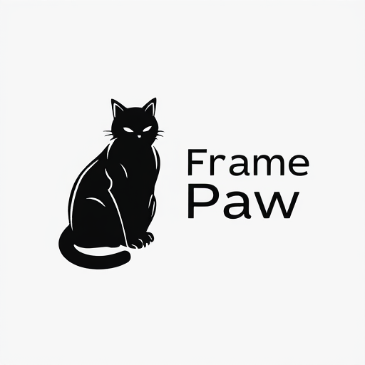 Professional logo design. Logo for youtube channel "FramePaw". There must be black cat sitting on the left of logo. Make him monocolor, looking futuristic. On the right side there is name of channel. Font should be elegant