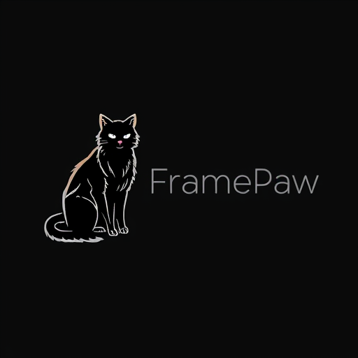 Professional logo design. Logo for youtube channel "FramePaw". There must be black cat sitting on the left of logo. Make him monocolor, looking futuristic. On the right side there is name of channel. Font should be elegant
