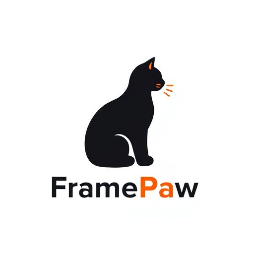 Professional logo design. Design logo for "FramePaw'. It should contain black cat sitting, and play and stop button. Minimalistic logo