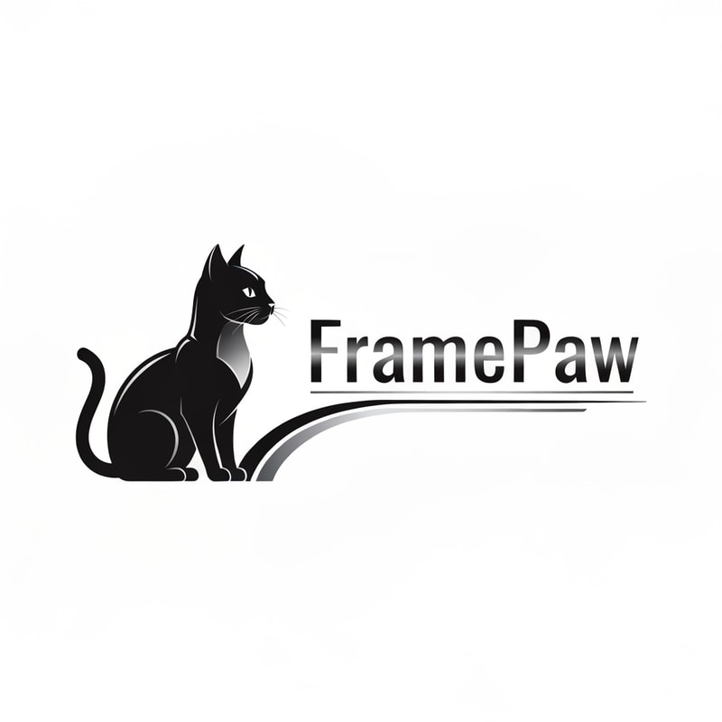Professional logo design. Pictorial logo for a YouTube channel named "FramePaw": A sleek, monocolor, simple(not cartoon), futuristic black cat, depicted in silhouette, is positioned on the left, gazing towards the right. The channel name "FramePaw" is elegantly rendered to the right of the cat. Black, gray, and metallic silver, Futurist and Art Deco, sharp geometric lines with subtle curves, clean and striking, white background