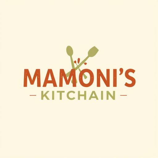 Professional logo design. Wordmark for a cooking channel named "MAMONI'S KITCHAIN": Whimsical cutlery illustration integrated into the text, Warm and inviting earth tones (terracotta, cream, sage green), Friendly and slightly rustic sans-serif font. Design with a handcrafted feel, subtle texture in the lettering, and a clean, off-white background.