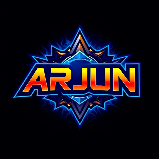 Professional logo design. gaming banner made with word ARJUN as the main peace,add a flashy blue background