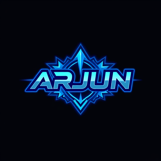 Professional logo design. gaming banner made with word ARJUN as the main peace,add a flashy blue background