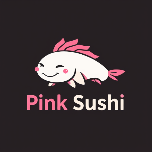 Professional logo design. minimalistic character logo for a sushi bar called Pink Sushi that is an axolotl with big gills and a happy face