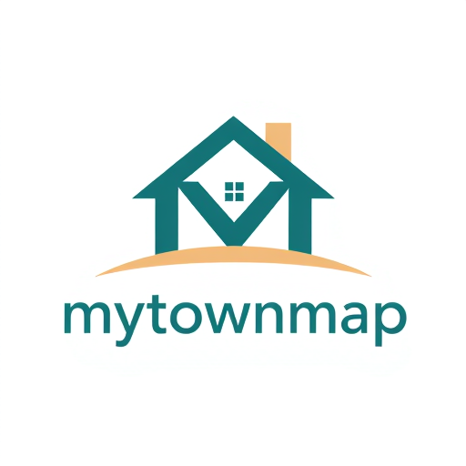Professional logo design. Wordmark logo for a property search website called "mytownmap": A stylized "M" incorporating a house silhouette, with the "mytownmap" text integrated. A harmonious blend of modern lines and welcoming shapes. Shades of deep teal and a soft, sandy beige, accented with a touch of clean white., Typography with clean, sans-serif fonts for readability and a friendly feel, perhaps a slightly bolder weight for "mytownmap" and a lighter weight for the slogan. Influenced by contemporary real estate branding and a touch of minimalist charm. The "M" could subtly form the roofline of the house, or the house could be nestled within the negative space of the "M". Aim for a visually balanced and inviting aesthetic that clearly communicates home and location. White background.