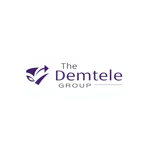 Professional logo design. Minimalist logo for a consulting firm specializing in nonclinical recruiting named "The Dentele Group": Abstract representation of growth and precision, shades of purple and black, clean and modern sans-serif font. Design with subtle geometric elements and negative space, a stylized upward-pointing arrow or unfolding form integrated into the lettering, and a solid white background.