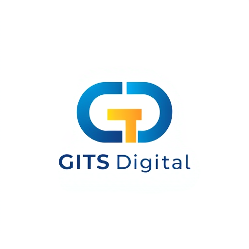 Professional logo design. "Create a modern, minimal logo using the initials G or GD for GITS Digital. The design should be small, icon-style, clean, and scalable. Use a blue and gold color palette with subtle tech or AI-inspired elements (like pixels, circuits, or gradients). No full company name, just the initials." 