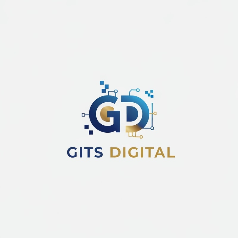 Professional logo design. "Create a modern, minimal logo using the initials G or GD for GITS Digital. The design should be small, icon-style, clean, and scalable. Use a blue and gold color palette with subtle tech or AI-inspired elements (like pixels, circuits, or gradients). No full company name, just the initials."