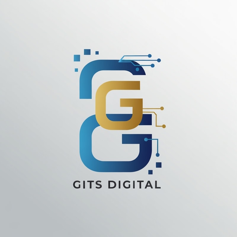 Professional logo design. "Create a modern, minimal logo using the initials G or GD for GITS Digital. The design should be small, icon-style, clean, and scalable. Use a blue and gold color palette with subtle tech or AI-inspired elements (like pixels, circuits, or gradients). No full company name, just the initials." 