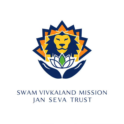Professional logo design. "A geometric logo emblem for 'Swami Vivekanand Mission Jan Seva Trust'. The design features a mandala-style sun with sharp, interlocking triangles forming a lion's face in the center. Below, two minimalist hands cradle a lotus sprout. Style: clean lines, deep navy blue and saffron gradient, modern spiritual. Trust name in a bold, uppercase geometric font."