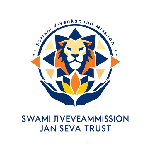 Professional logo design. "A geometric logo emblem for 'Swami Vivekanand Mission Jan Seva Trust'. The design features a mandala-style sun with sharp, interlocking triangles forming a lion's face in the center. Below, two minimalist hands cradle a lotus sprout. Style: clean lines, deep navy blue and saffron gradient, modern spiritual. Trust name in a bold, uppercase geometric font."