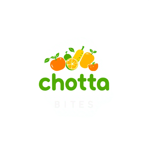 Professional logo design. Pictorial for a company that sells healthy, bite-sized snacks named "Chotta Bites": a playful arrangement of stylized fruit and vegetable icons forming a subtle "C", vibrant green, orange, and yellow, clean and rounded sans-serif font, inspired by children's book illustrations and a modern, cheerful aesthetic, rendered with smooth gradients and soft edges, on a clean white background.