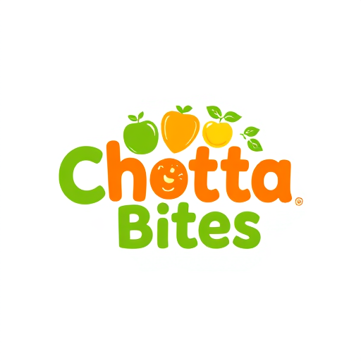 Professional logo design. Pictorial for a company that sells healthy, bite-sized snacks named "Chotta Bites": a playful arrangement of stylized fruit and vegetable icons forming a subtle "C", vibrant green, orange, and yellow, clean and rounded sans-serif font, inspired by children's book illustrations and a modern, cheerful aesthetic, rendered with smooth gradients and soft edges, on a clean white background.