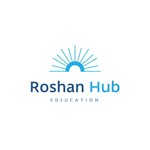 Professional logo design. Minimalist for a tech hub named "Roshan Hub Education": Clean geometric lines, a central radiating light motif, cool blues and grays, sans-serif modern typography. Design with a subtle glow effect, a simple vector illustration, and a plain white background.