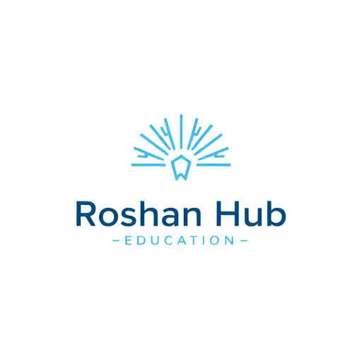 Professional logo design. Minimalist for a tech hub named "Roshan Hub Education": Clean geometric lines, a central radiating light motif, cool blues and grays, sans-serif modern typography. Design with a subtle glow effect, a simple vector illustration, and a plain white background.