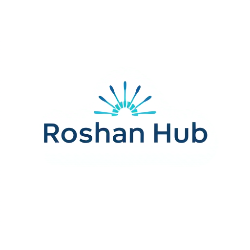 Professional logo design. Minimalist for a tech hub named "Roshan Hub": Clean geometric lines, a central radiating light motif, cool blues and grays, sans-serif modern typography. Design with a subtle glow effect, a simple vector illustration, and a plain white background.