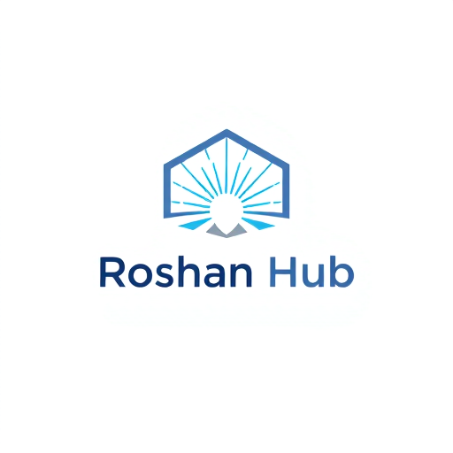 Professional logo design. Minimalist for a tech hub named "Roshan Hub": Clean geometric lines, a central radiating light motif, cool blues and grays, sans-serif modern typography. Design with a subtle glow effect, a simple vector illustration, and a plain white background.