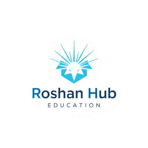 Professional logo design. Minimalist for a tech hub named "Roshan Hub Education": Clean geometric lines, a central radiating light motif, cool blues and grays, sans-serif modern typography. Design with a subtle glow effect, a simple vector illustration, and a plain white background.