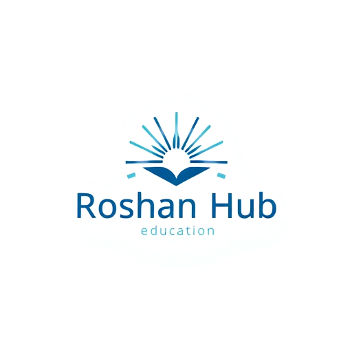 Professional logo design. Minimalist for a tech hub named "Roshan Hub Education": Clean geometric lines, a central radiating light motif, cool blues and grays, sans-serif modern typography. Design with a subtle glow effect, a simple vector illustration, and a plain white background.