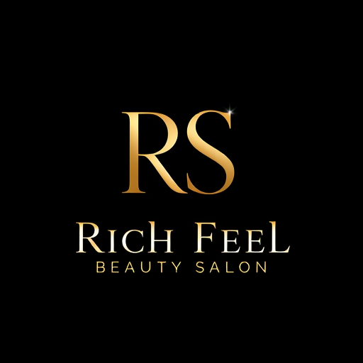 Professional logo design. Letterform logo for a luxury beauty salon named "Rich Feel Beauty Salon": Sleek, modern, and upscale monogram "RS" in a stylized serif font with a soft gold gradient, a thin underline with the full name. Design a sophisticated and high-end look, with the "RS" as the primary visual element and the name as a supporting detail. The "RS" should be prominent and elegant, while the underline and full name provide clarity and a touch of refined detail. Matte black background.