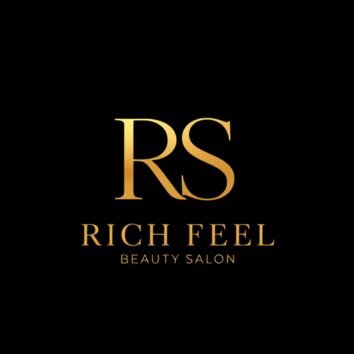 Professional logo design. Letterform logo for a luxury beauty salon named "Rich Feel Beauty Salon": Sleek, modern, and upscale monogram "RS" in a stylized serif font with a soft gold gradient, a thin underline with the full name. Design a sophisticated and high-end look, with the "RS" as the primary visual element and the name as a supporting detail. The "RS" should be prominent and elegant, while the underline and full name provide clarity and a touch of refined detail. Matte black background.