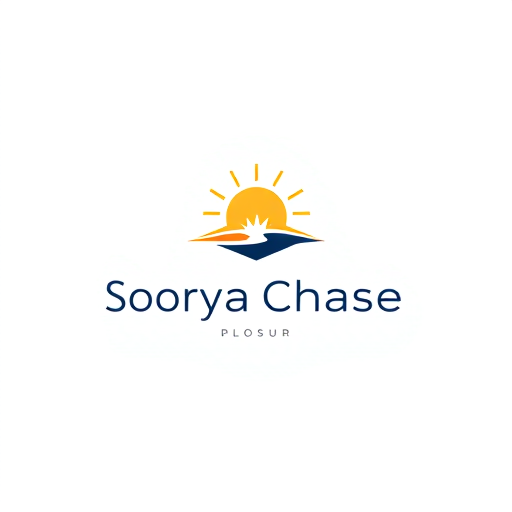 Professional logo design. Minimalist logo for a brand named "Soorya Chase": a stylized sun icon with a subtle chase element, warm golden hues and deep navy blue, modern sans-serif typeface. Design with a clean, abstract aesthetic, geometric shapes and negative space, on a white background.
