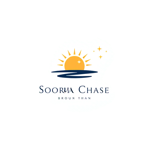 Professional logo design. Minimalist logo for a brand named "Soorya Chase": a stylized sun icon with a subtle chase element, warm golden hues and deep navy blue, modern sans-serif typeface. Design with a clean, abstract aesthetic, geometric shapes and negative space, on a white background.