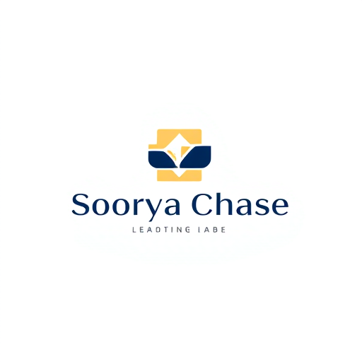 Professional logo design. Minimalist logo for a brand named "Soorya Chase": Abstract geometric design featuring abstract shapes and negative space, warm golden hues and deep navy blue, modern sans-serif typeface. Design with a clean, abstract aesthetic, influenced by modernism and minimalism, incorporating geometric shapes and strategic negative space, on a white background.