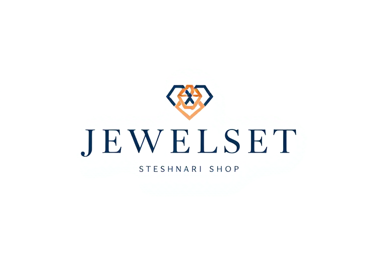 Professional logo design. Minimalist for a jewelry and stationery shop named "JEWELSET steshnari SHOP": Elegant interlocking geometric shapes representing precious stones and writing tools, subtle gradient of rose gold and deep navy, delicate and sophisticated sans-serif font. Design with a modern luxury aesthetic, clean lines and negative space, on a white background.