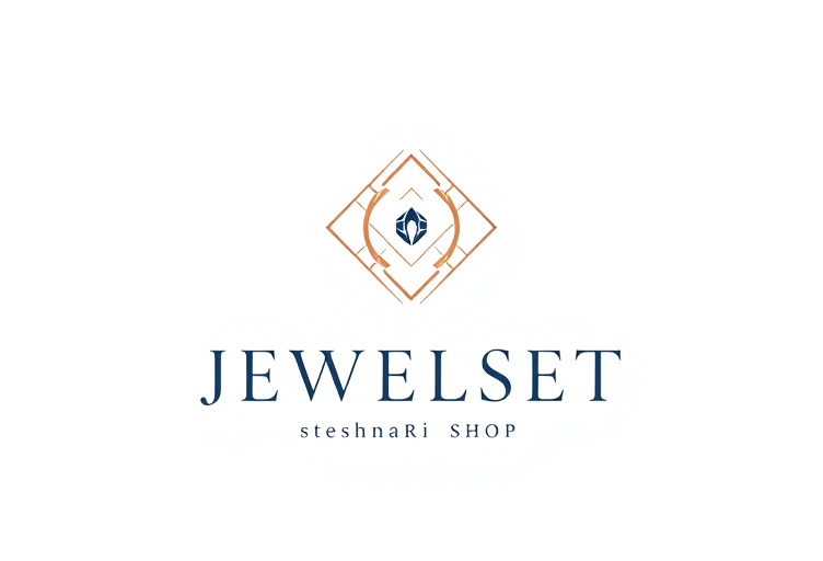 Professional logo design. Minimalist for a jewelry and stationery shop named "JEWELSET steshnari SHOP": Elegant interlocking geometric shapes representing precious stones and writing tools, subtle gradient of rose gold and deep navy, delicate and sophisticated sans-serif font. Design with a modern luxury aesthetic, clean lines and negative space, on a white background.
