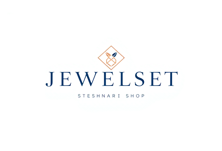 Professional logo design. Minimalist for a jewelry and stationery shop named "JEWELSET steshnari SHOP": Elegant interlocking geometric shapes representing precious stones and writing tools, subtle gradient of rose gold and deep navy, delicate and sophisticated sans-serif font. Design with a modern luxury aesthetic, clean lines and negative space, on a white background.