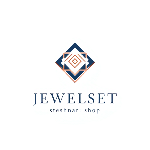 Professional logo design. Minimalist for a jewelry and stationery shop named "JEWELSET steshnari SHOP": Elegant interlocking geometric shapes representing precious stones and writing tools, subtle gradient of rose gold and deep navy, delicate and sophisticated sans-serif font. Design with a modern luxury aesthetic, clean lines and negative space, on a white background.