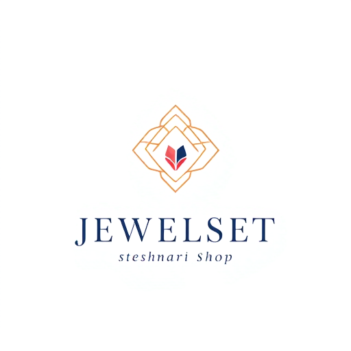 Professional logo design. Minimalist for a jewelry and stationery shop named "JEWELSET steshnari SHOP": Elegant interlocking geometric shapes representing precious stones and writing tools, subtle gradient of rose gold and deep navy, delicate and sophisticated sans-serif font. Design with a modern luxury aesthetic, clean lines and negative space, on a white background.