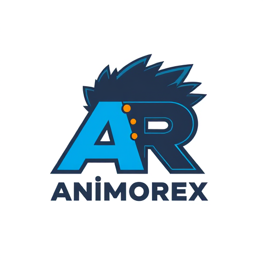 Professional logo design. Create a flat vector, illustrative-style lettermark logo design for an anime recommendation site named 'Animorex', featuring interconnected letters 'A' and 'R' where the 'A' transforms into a stylized anime character's spiky hair silhouette. Use electric blue (#00D4FF) for the hair-inspired 'A' and charcoal gray (#333333) for the 'R' with small orange (#FF6B35) accent dots representing eyes against a white background. Do not show any realistic photo detail shading.
