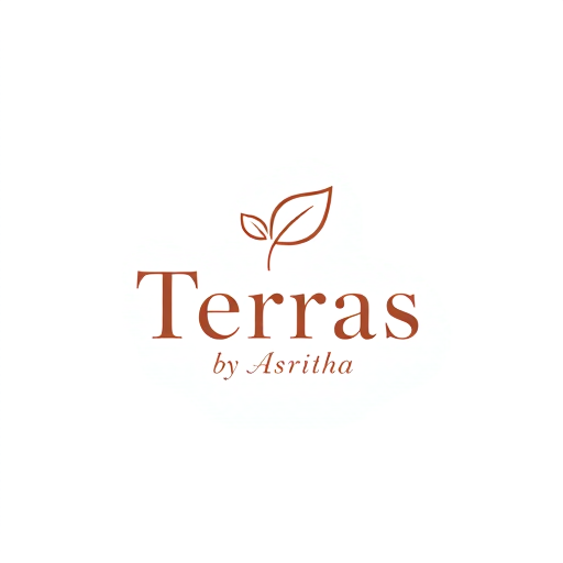 Professional logo design. Central graphic: An elegant, simple line-art illustration of a leaf. The lines are delicate and clean, with one or two subtle imperfections that suggest it is handcrafted from clay rather than machine-made. Color palette: The leaf is a rich, earthy terracotta red. Typography: The word "Terras" appears in a clean, modern sans-serif font, such as a thin or light weight version of Montserrat or Raleway. The color of "Terras" is a dark, deep brown, similar to raw, unglazed clay. Secondary text: The phrase "by Asritha" is placed underneath "Terras," written in a smaller, delicate script font. This personal touch balances the modern feel of the main name with a sense of handcrafted elegance.