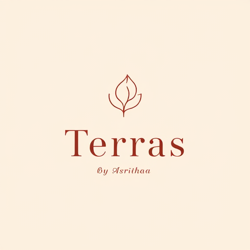 Professional logo design. Central graphic: An elegant, simple line-art illustration of a leaf. The lines are delicate and clean, with one or two subtle imperfections that suggest it is handcrafted from clay rather than machine-made. Color palette: The leaf is a rich, earthy terracotta red. Typography: The word "Terras" appears in a clean, modern sans-serif font, such as a thin or light weight version of Montserrat or Raleway. The color of "Terras" is a dark, deep brown, similar to raw, unglazed clay. Secondary text: The phrase "by Asritha" is placed underneath "Terras," written in a smaller, delicate script font. This personal touch balances the modern feel of the main name with a sense of handcrafted elegance.