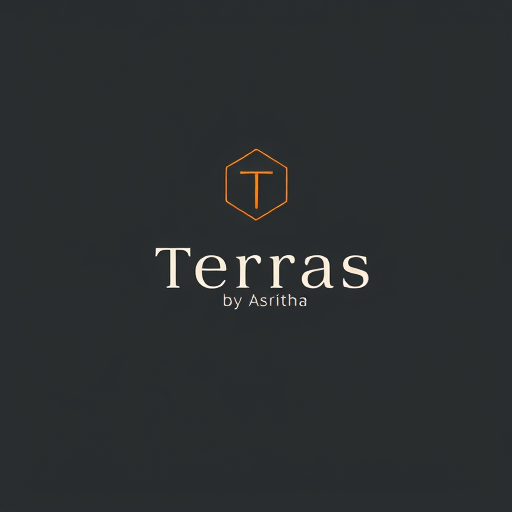 Professional logo design. Graphic: A geometric, abstract icon that forms the shape of a jewelry piece, such as a hexagonal pendant or a semi-circle earring. Inside this shape, a single, delicate line creates a stylized, interlocking "T" and "A." Color Palette: A contemporary mix of deep charcoal gray for the icon and text, with a small, contrasting accent of burnt orange or muted gold to represent the terracotta. Font: A modern, clean, sans-serif font like Montserrat or Futura for "Terras," with "by Asritha" in a simple, delicate weight underneath.