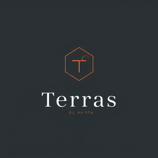 Professional logo design. Graphic: A geometric, abstract icon that forms the shape of a jewelry piece, such as a hexagonal pendant or a semi-circle earring. Inside this shape, a single, delicate line creates a stylized, interlocking "T" and "A." Color Palette: A contemporary mix of deep charcoal gray for the icon and text, with a small, contrasting accent of burnt orange or muted gold to represent the terracotta. Font: A modern, clean, sans-serif font like Montserrat or Futura for "Terras," with "by Asritha" in a simple, delicate weight underneath.