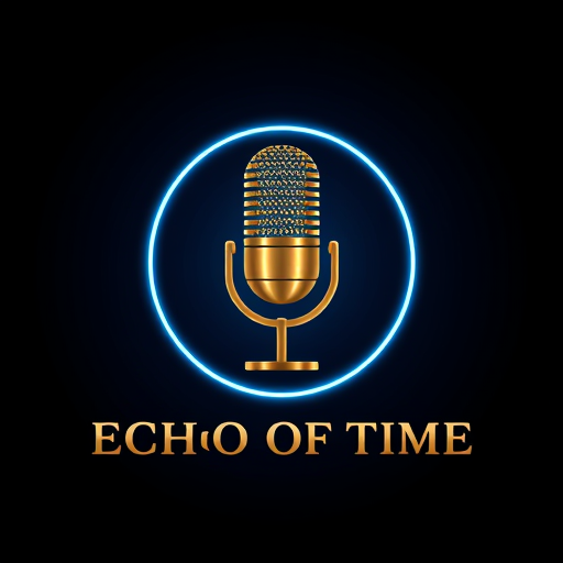 Professional logo design. Vector logo for the podcast ‘ECHO OF TIME’. A classic Shure-style studio microphone in metallic brushed gold, perfectly proportioned and centered, surrounded by a subtle neon blue glow on a dark navy-to-black gradient background. Bold uppercase sans-serif text ‘ECHO OF TIME’ in metallic gold beneath the microphone. Clean, minimal, flat vector style with crisp edges, combining vintage elegance and modern neon highlights, suitable for social media branding.”
