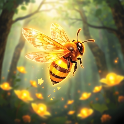 Professional logo design. A glowing magical bee with sparkling wings, flying in an enchanted forest with glowing flowers, fantasy digital art, vibrant colors, highly detailed